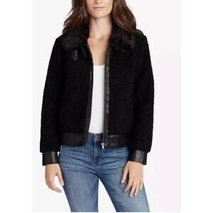 William Rast Faux‎ Fur Trim Bomber Jacket Vegan Faux Leather Black Size Large